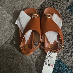 Zara Brown Leather Slingback Sandals with Gold Buckle